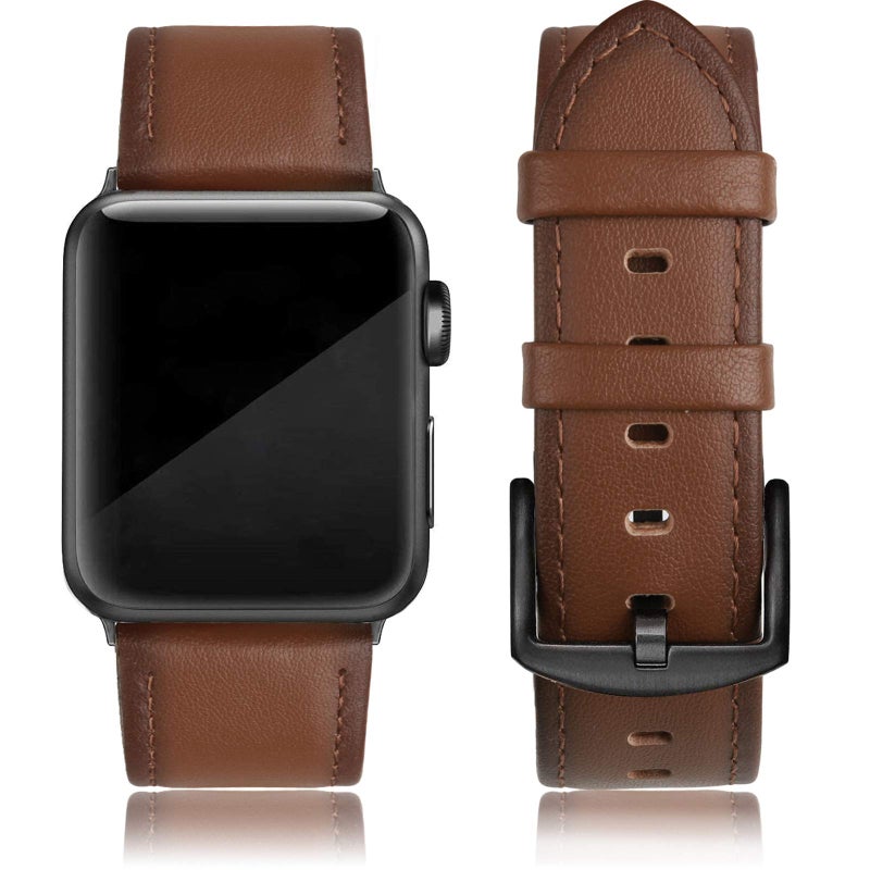 EDIMENS Leather Bands Compatible with Apple Watch 42mm 44mm, Genuine Leather Vintage Strap Classic Buckle Compatible with Apple iWatch Series 5/4/3/2/1, Sports&Edition Men & women,Retro Brown Silver - Image 1